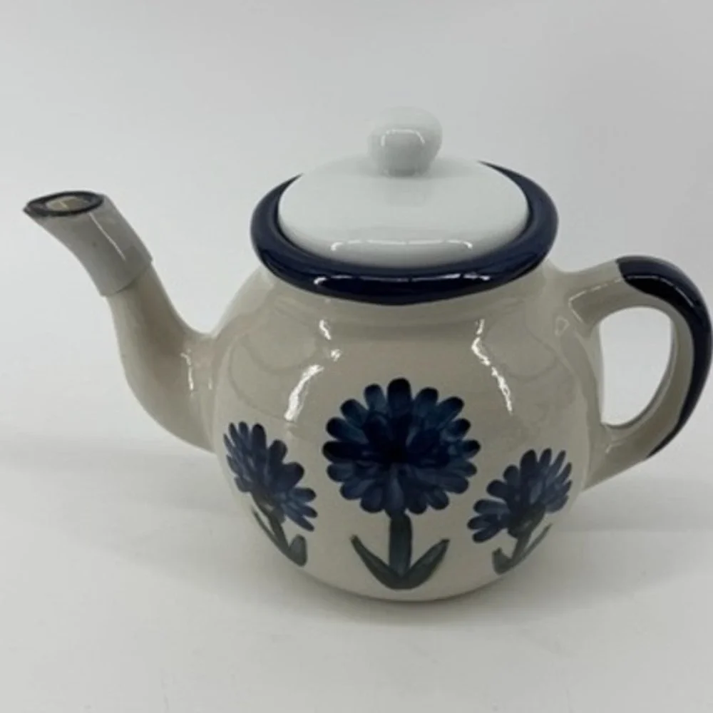 Louisville Stoneware Bachelor Button Teapot Blue Floral Kentucky Hand Painted